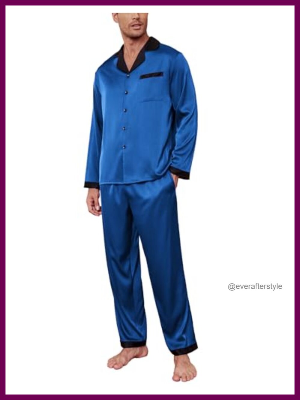 Mens Satin Pajama Set Button Up Long Sleeve Lounge Sleepwear with Pockets